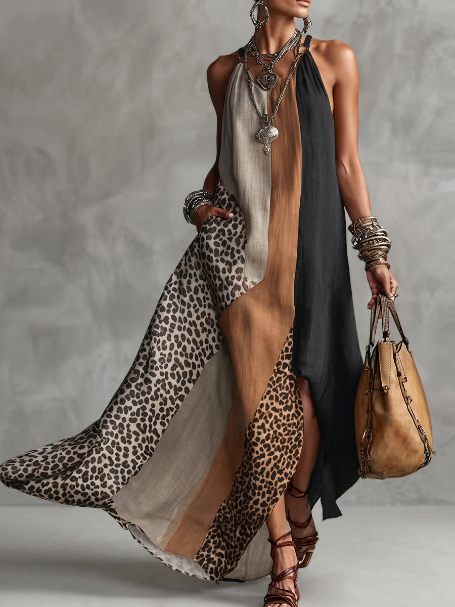 Ida | Halter Maxi Dress with Leopard Print Panels