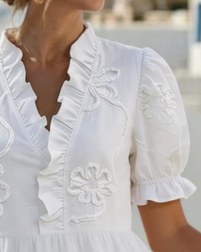 Nija | Dress with V-Neck Ruffles and Embroidery