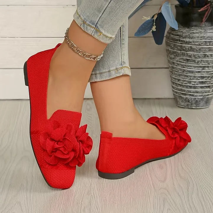 Catriona | Flower Knit Square Toe Ballet Flats