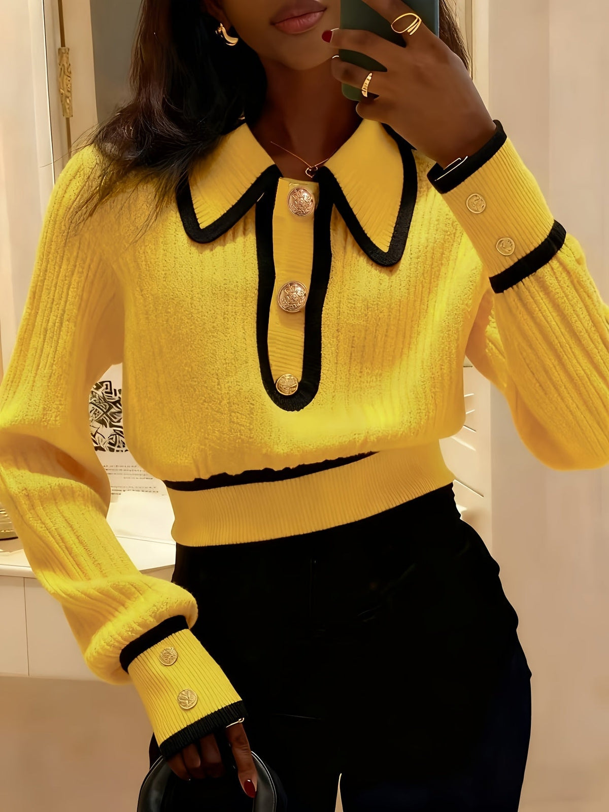 Roweina | Long Sleeve Contrast Trim Button Jumper