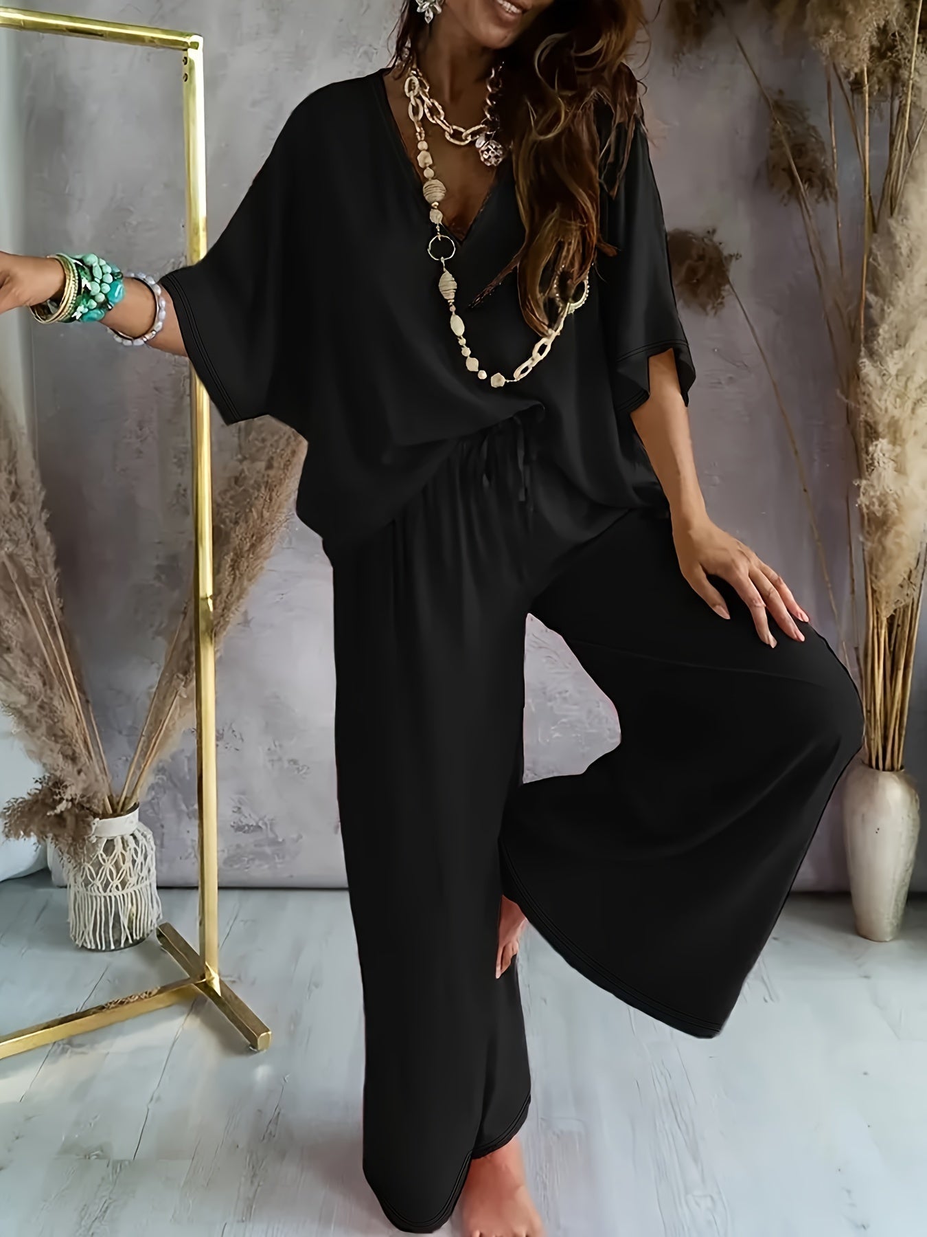 Essime | V Neck Wide Leg Two-Piece Set