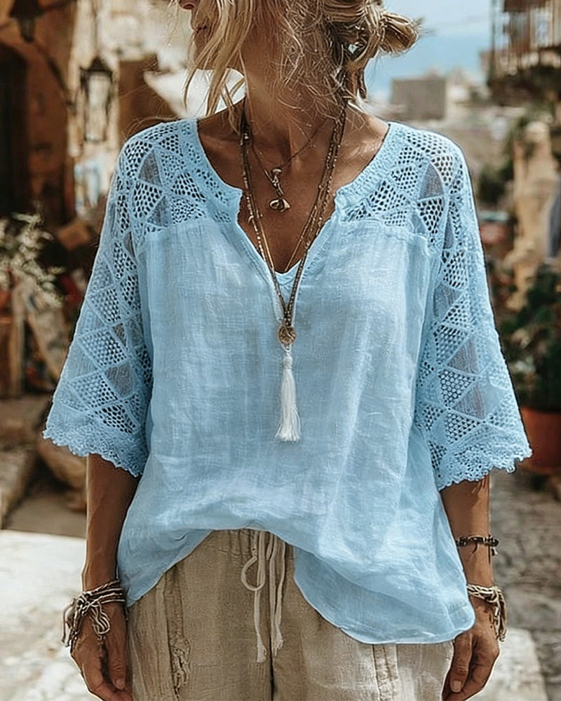 Essien - Lace Sleeve Loose Fit V Neck Blouse