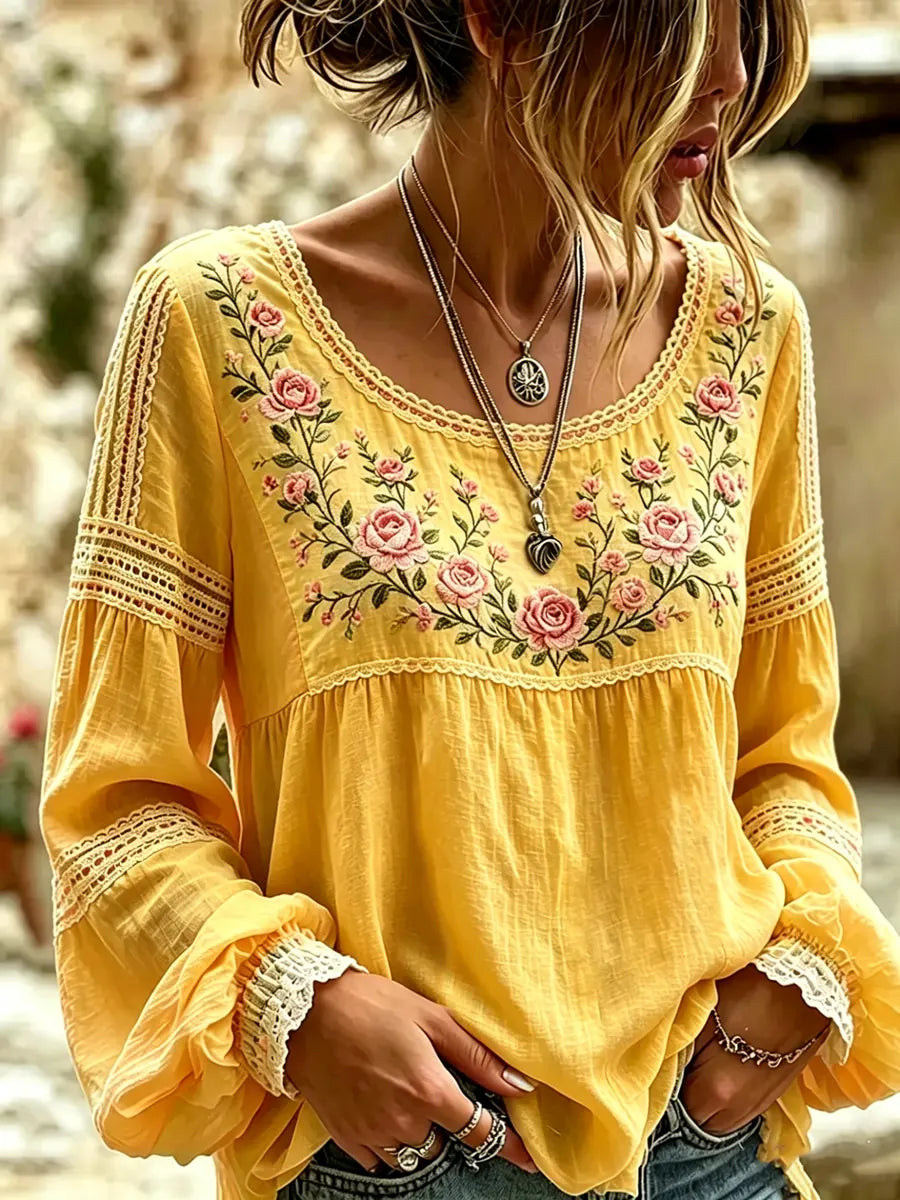 Esraa | Floral Embroidered Lace Trim Blouse