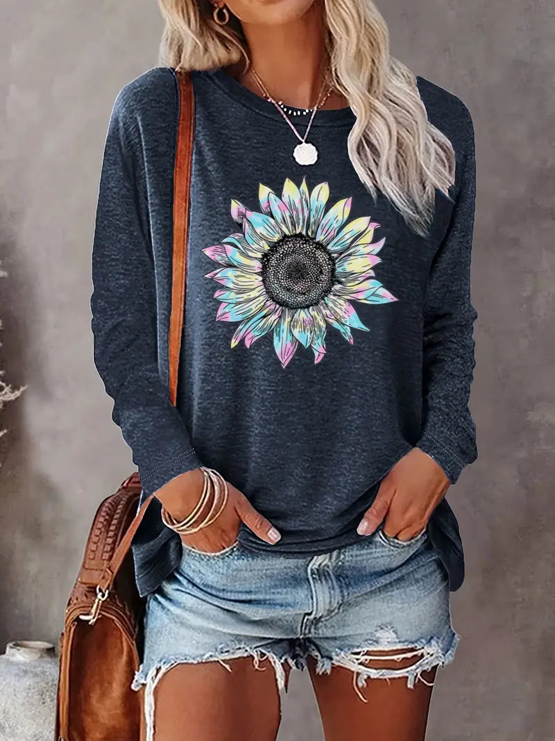 Levine | Long Sleeve Sunflower Print Tunic Top