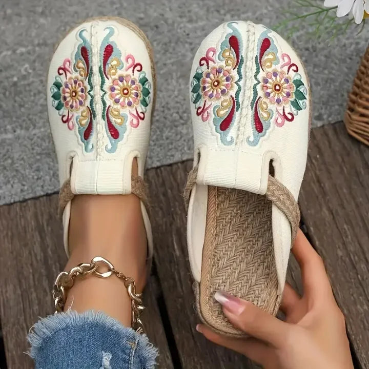 Katy | Floral Embroidered Cotton Mule Sandals