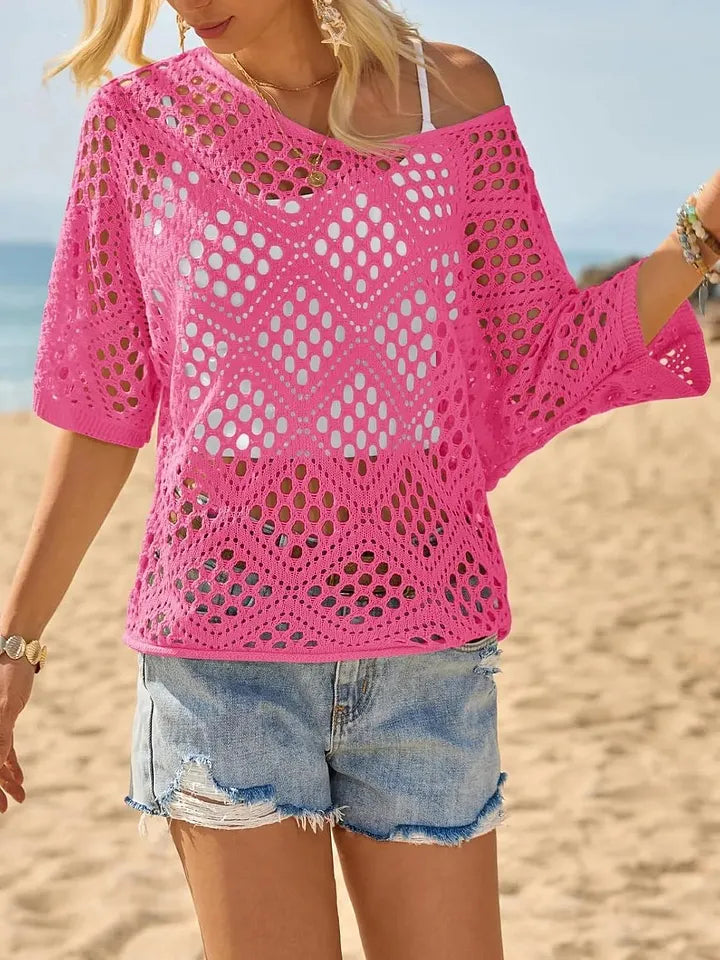 Raissa - Knitted V Neck Openwork Beach Top