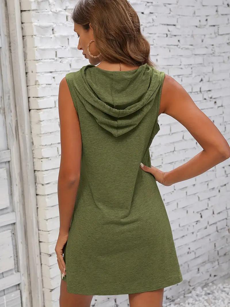 Fieke - Sleeveless Hooded Mini Dress Drawstring