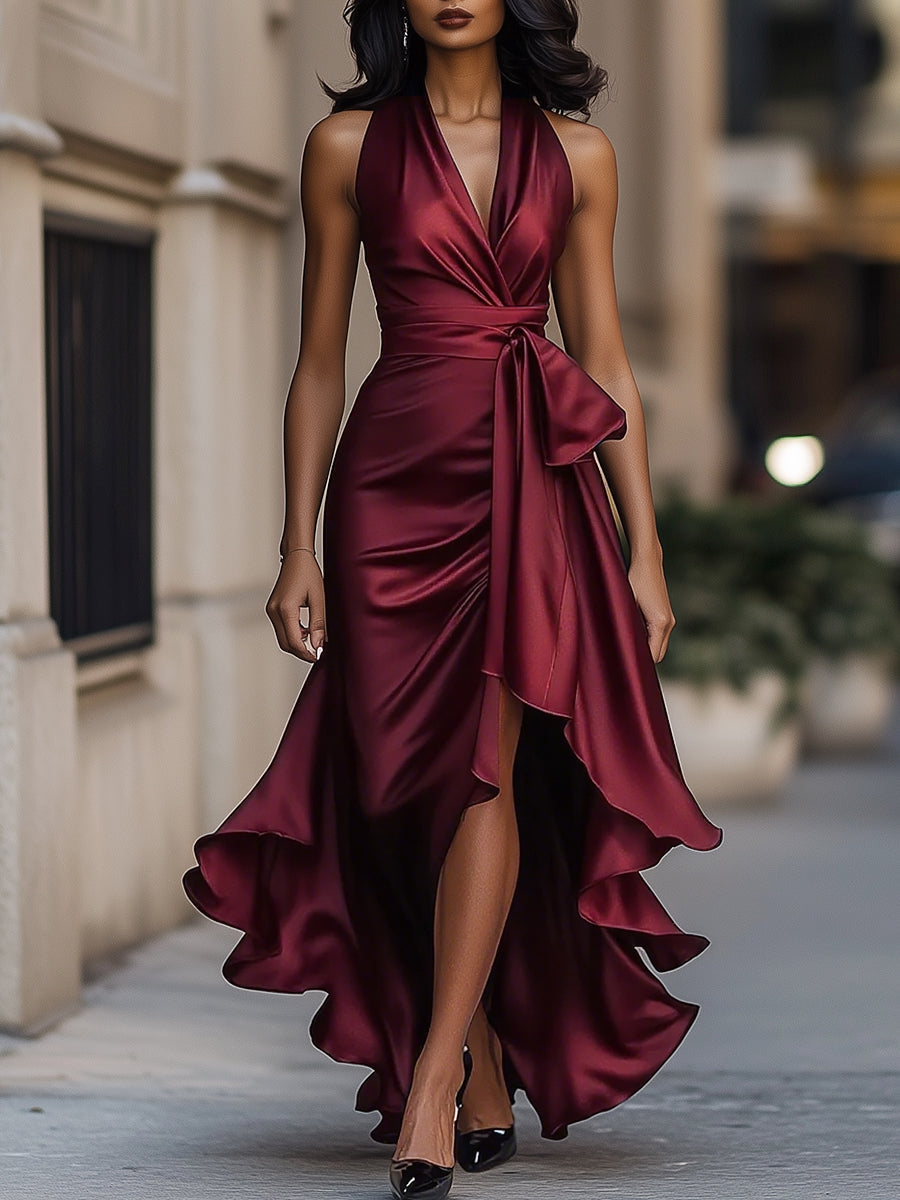 Imesha | Satin Halter Wrap Midi Dress