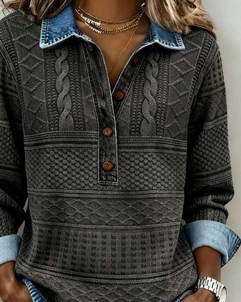 Melkorka | Textured Half Button Collared Sweatshirt
