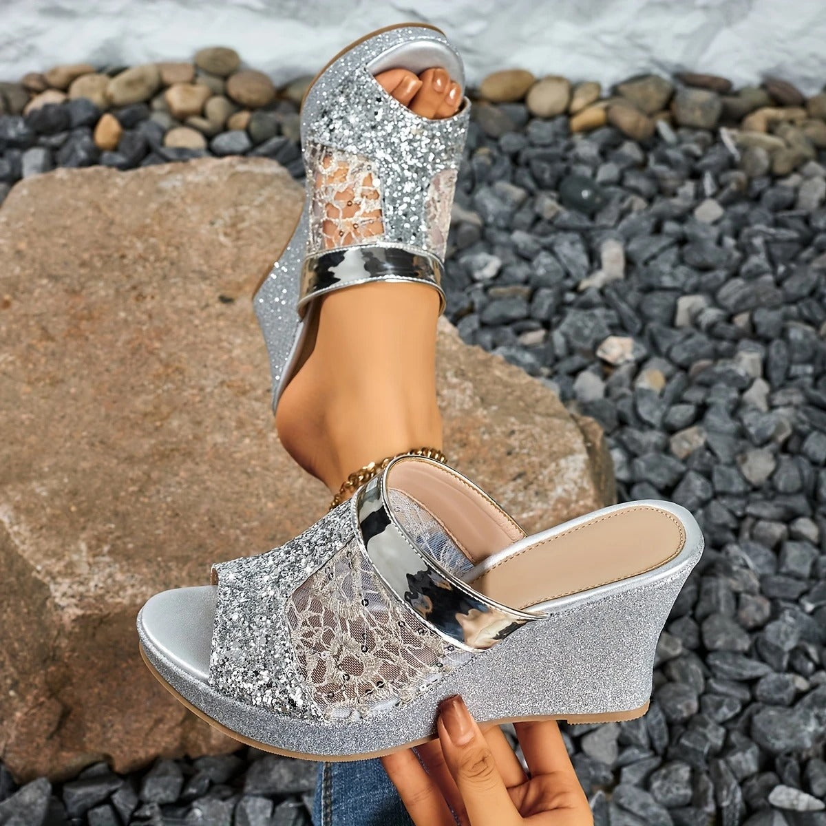Alexis | Wedge Sandals With Lace Glitter Panel