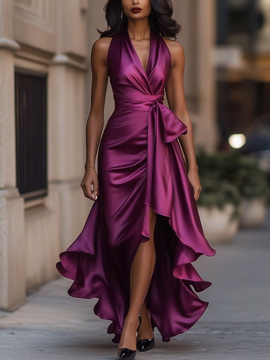Imesha | Satin Halter Wrap Midi Dress