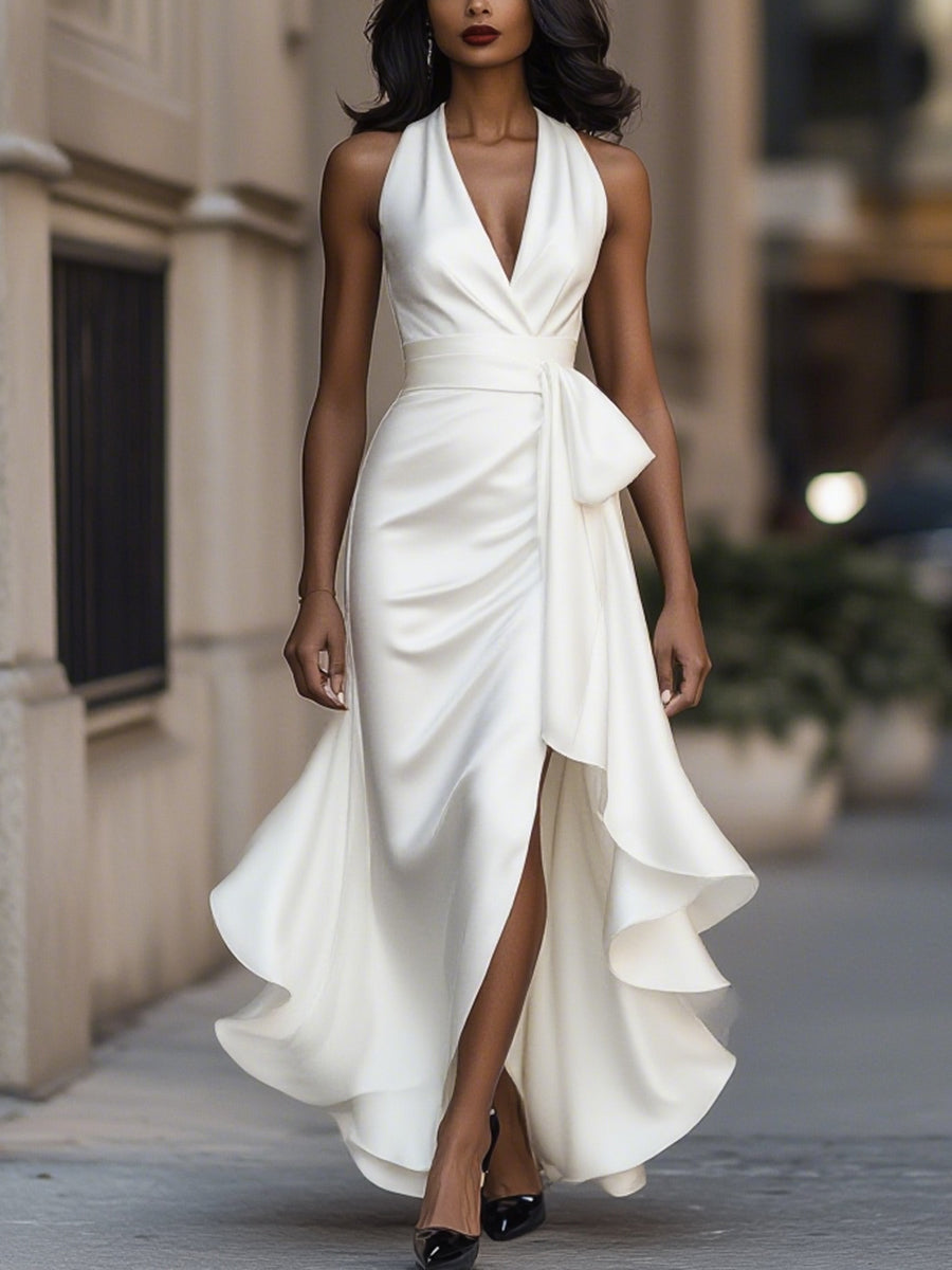 Imesha | Satin Halter Wrap Midi Dress