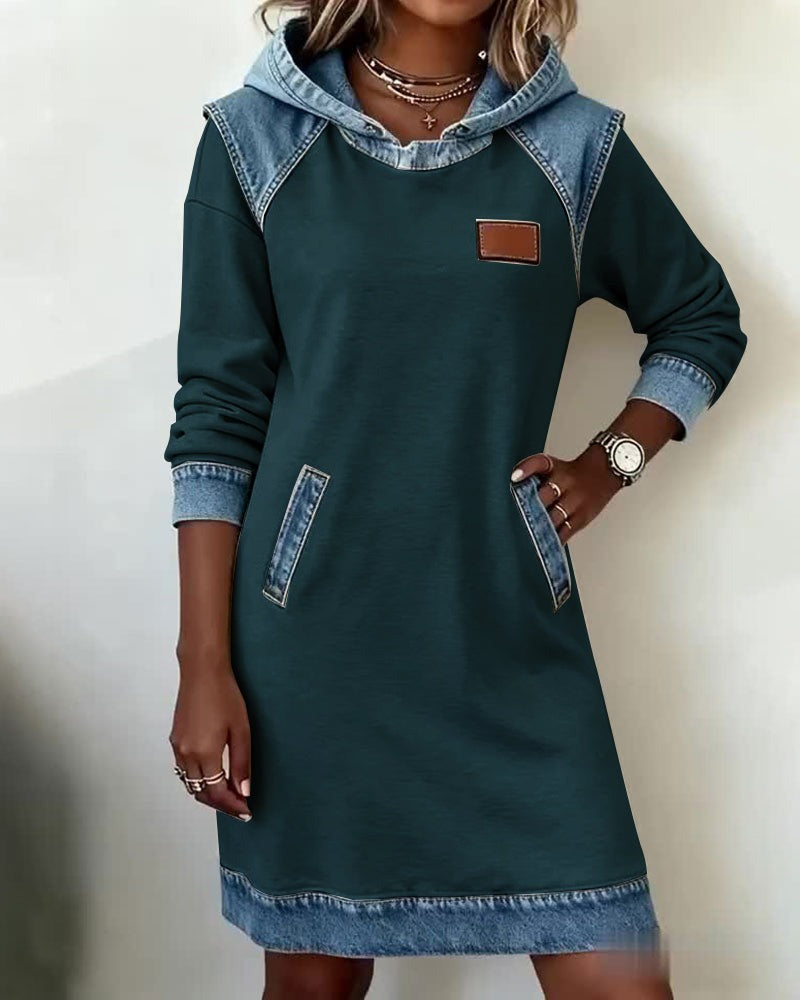 Viktoria - Hooded Denim Insert Midi Dress