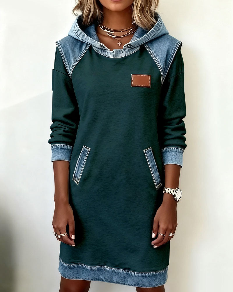 Viktoria - Hooded Denim Insert Midi Dress