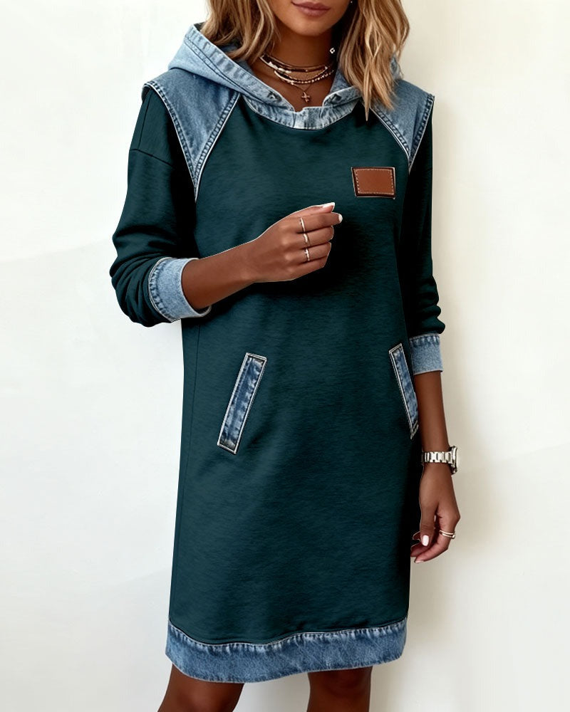 Viktoria - Hooded Denim Insert Midi Dress