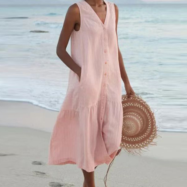 Maira | Sleeveless V Neck Button Midi Dress