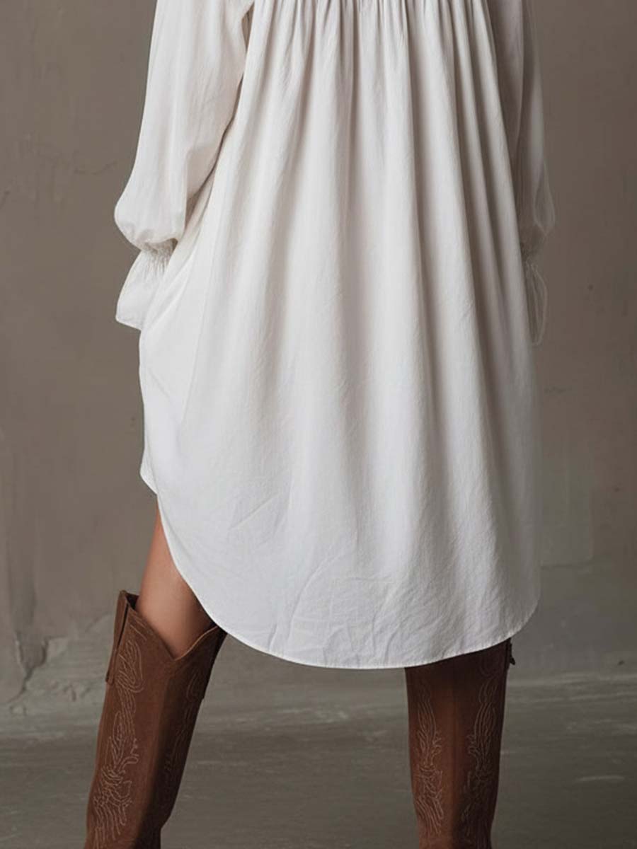 Amparo - White Embroidered Long Sleeve Shirt Dress