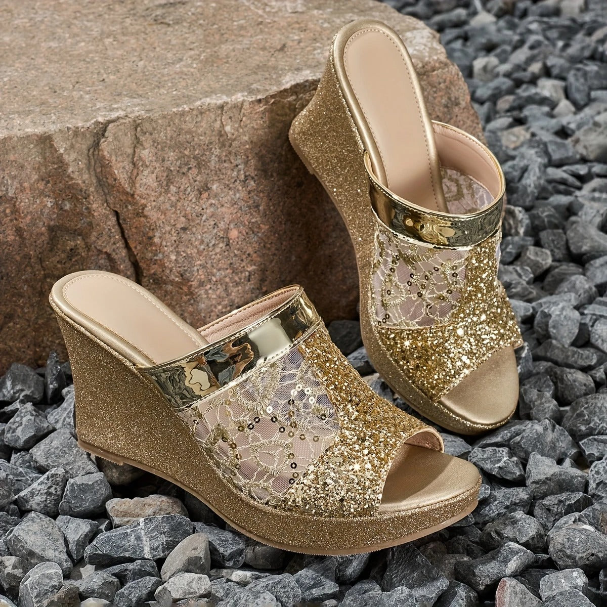 Alexis | Wedge Sandals With Lace Glitter Panel