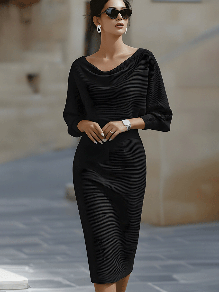 Amyy | Midi Dress Batwing Sleeve Knitted Texture