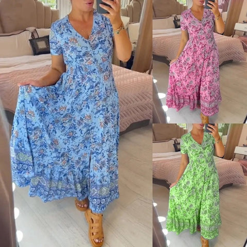 Wibia | Floral Print V-Neck Button Front Midi Dress With Short Sleeves