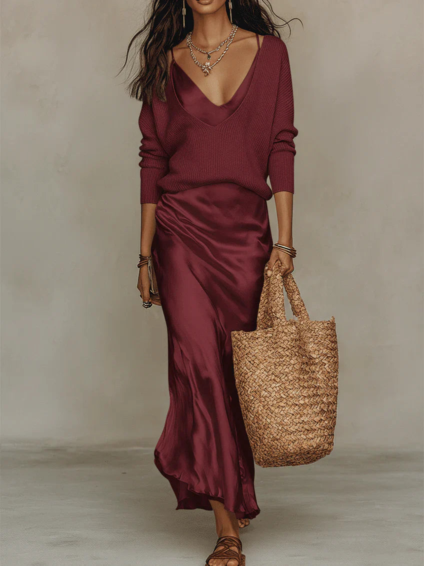 Nelena | Satin Slip Dress Knitted Jumper Set