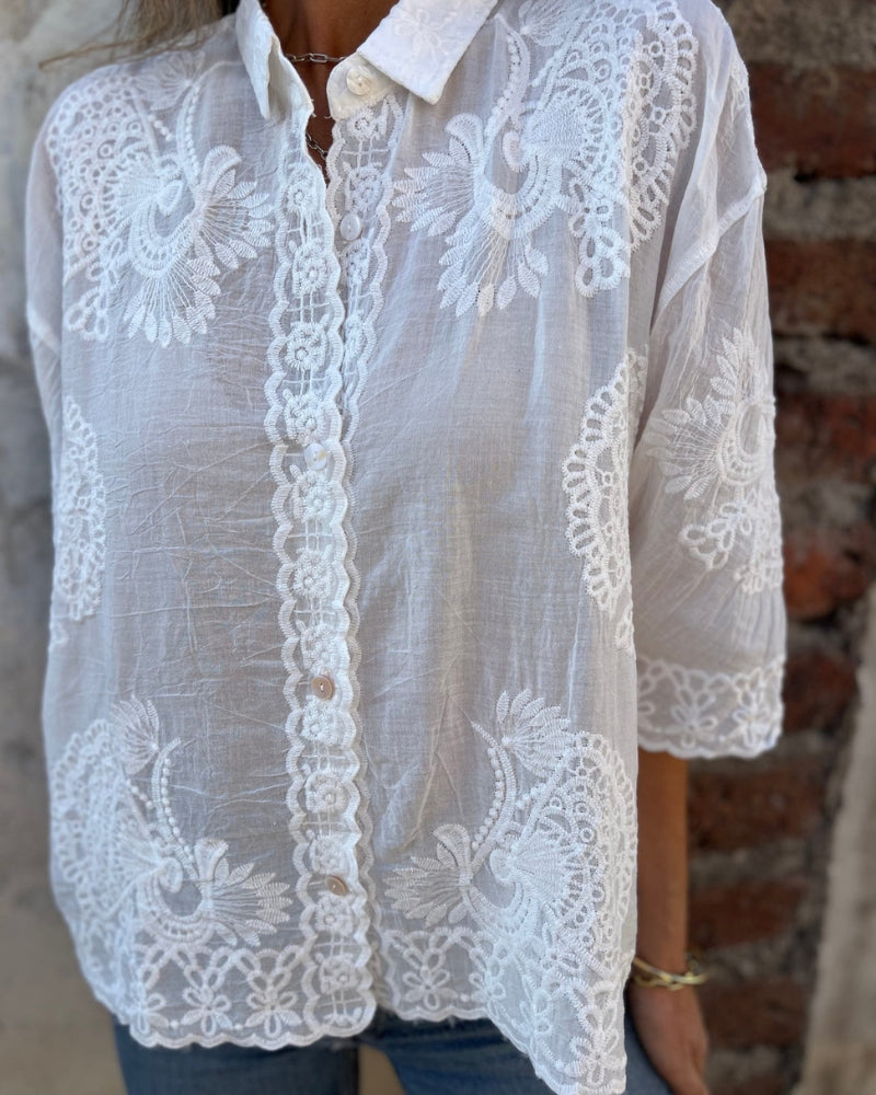 Lorrie | Embroidered Lace Trim Button Front Blouse