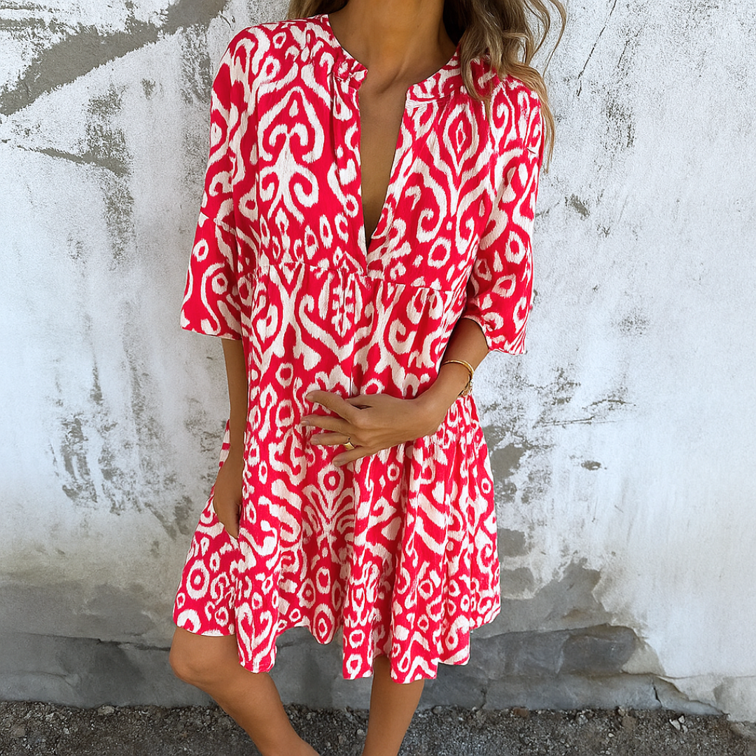 Shaffer | Printed V-Neck Smock Midi Dress