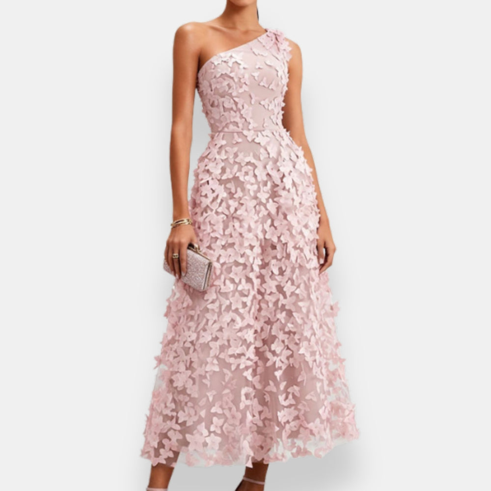 Suniya | Midi Dress One Shoulder Floral Appliqué Overlay