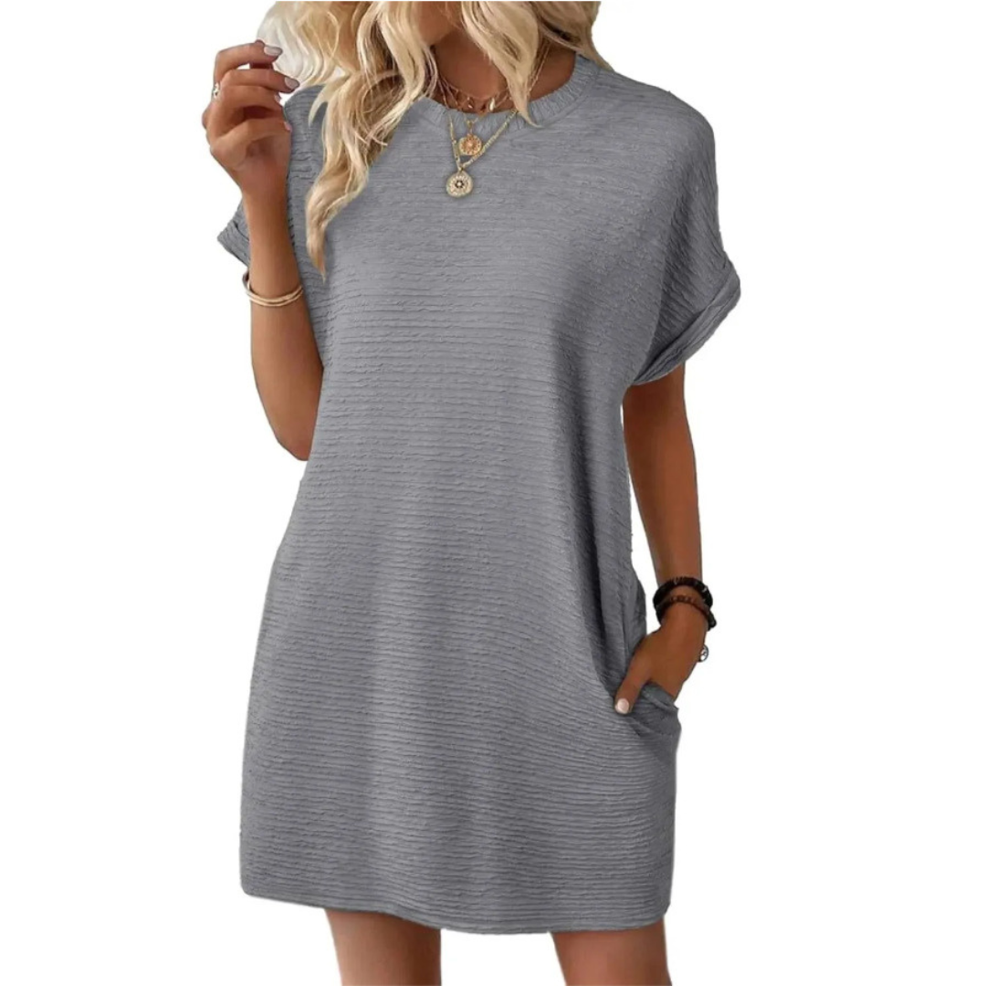 Elviaa - Short Sleeve Textured Pocket Mini Dress