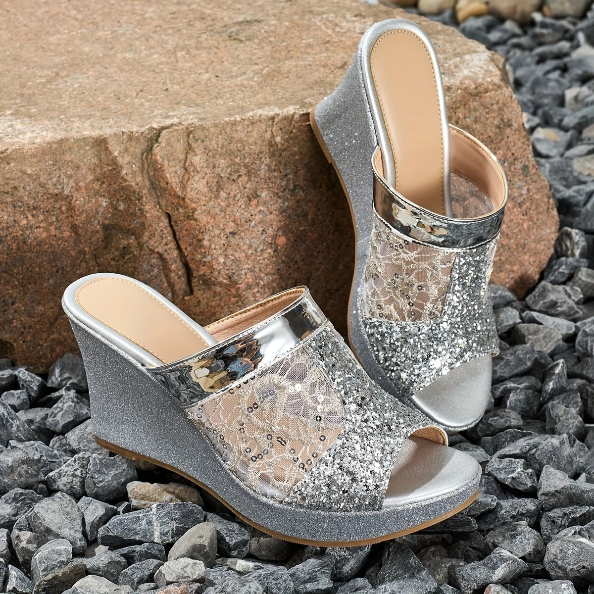 Alexis | Wedge Sandals With Lace Glitter Panel