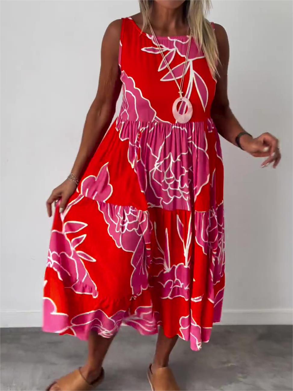 Hertha | Floral Print Sleeveless Tiered Midi Dress