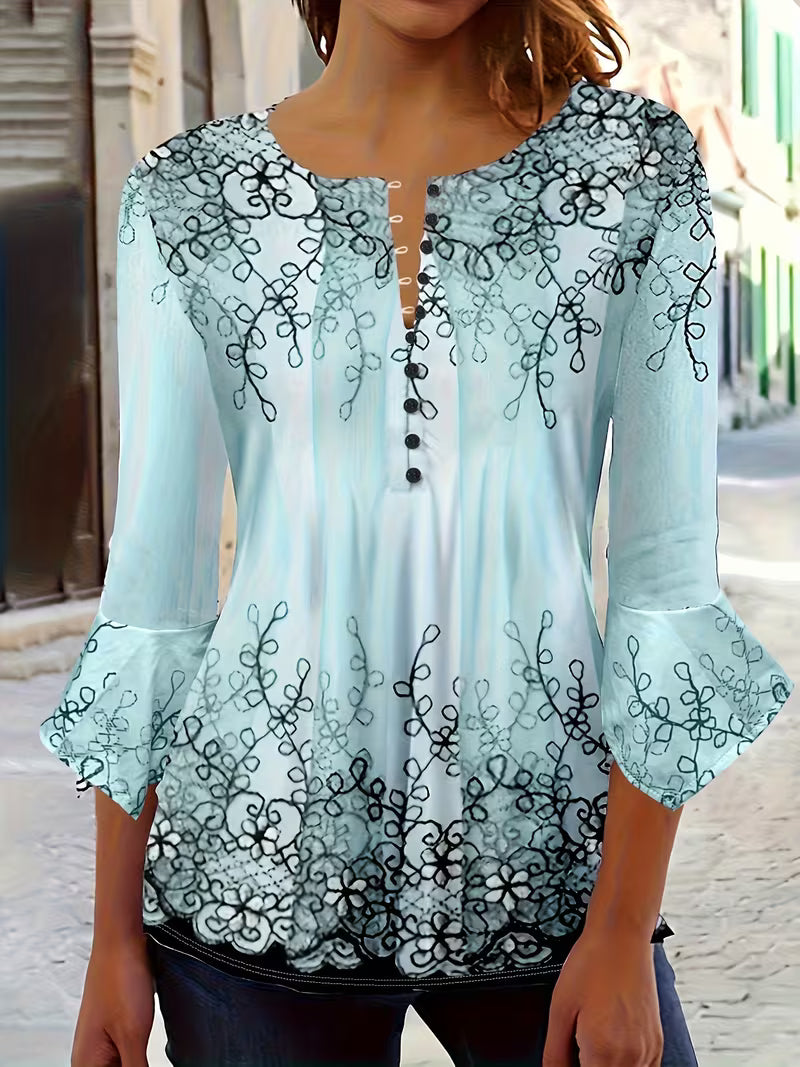 Mesley | Floral Print Round Neck Button Blouse