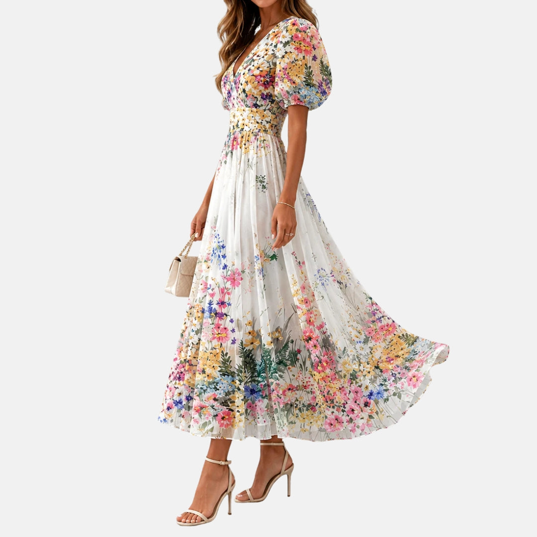 Kirina | Midi Dress Floral Print Puff Sleeve