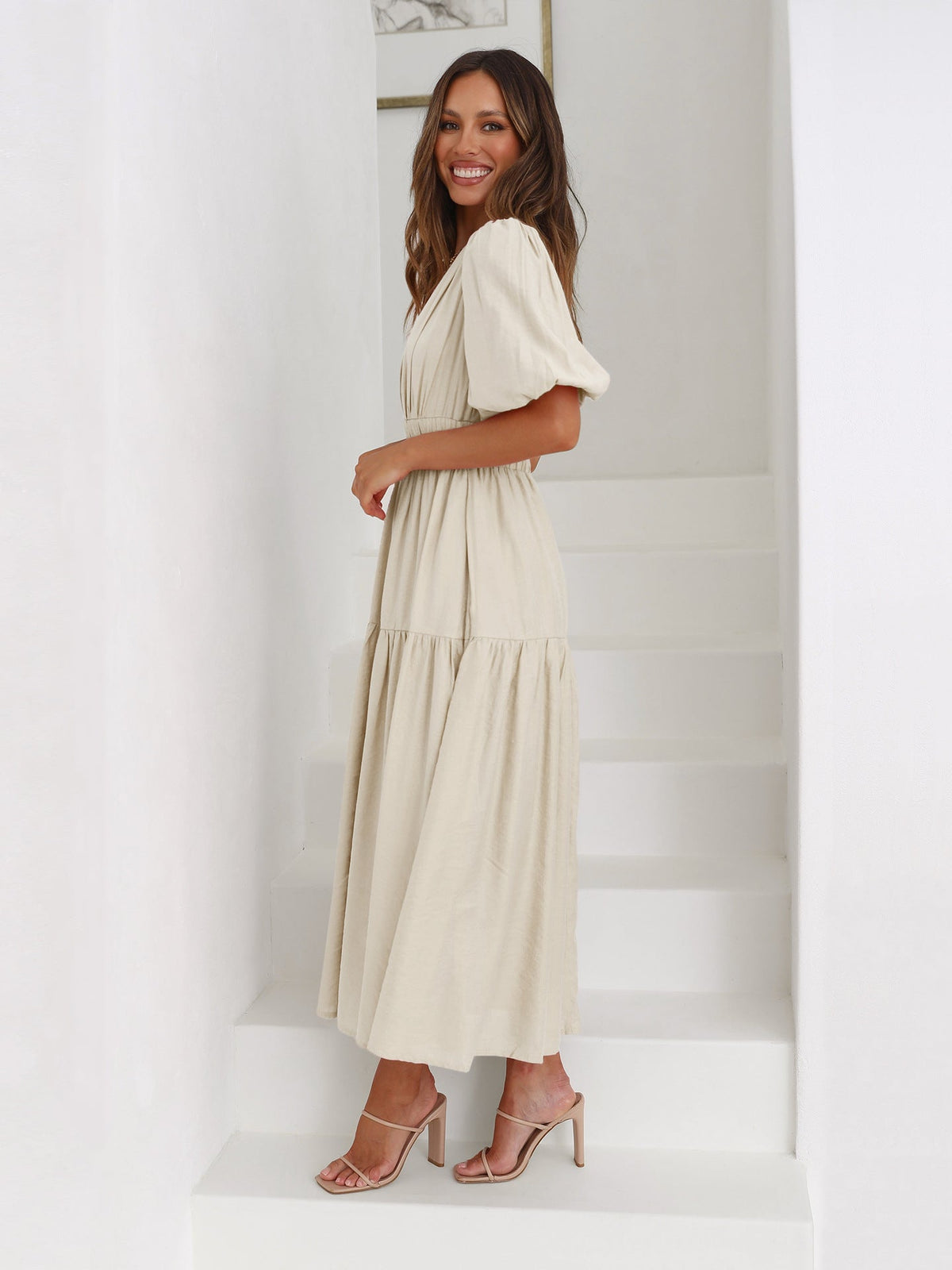 Delphine | Midi Dress With V Neck Puff Sleeves
