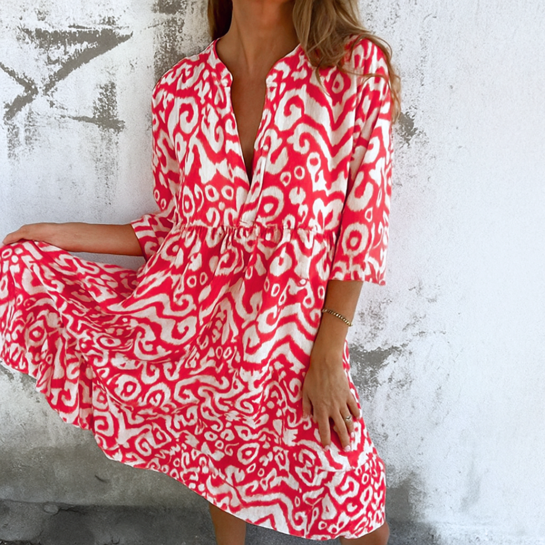 Shaffer | Printed V-Neck Smock Midi Dress