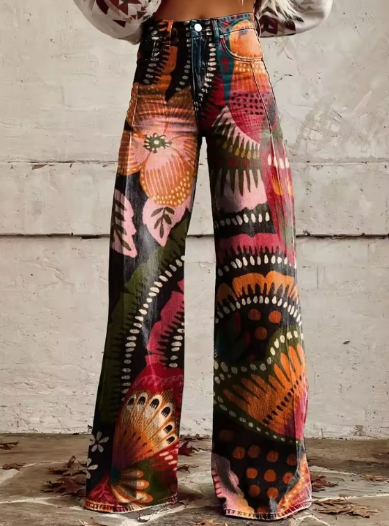 Mailin | Wide Leg Floral Denim Jeans