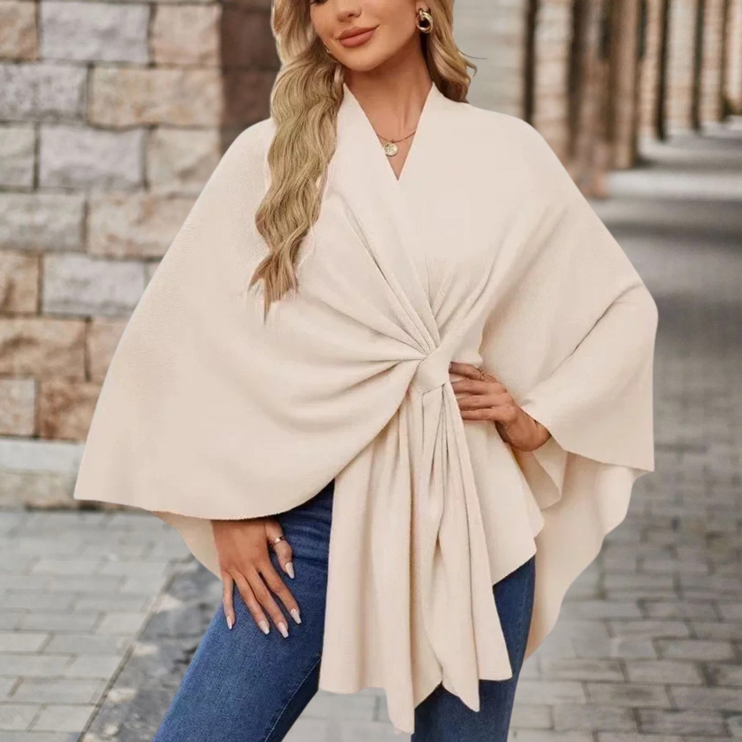 Helin | Knotted Front Wrap Knit Poncho