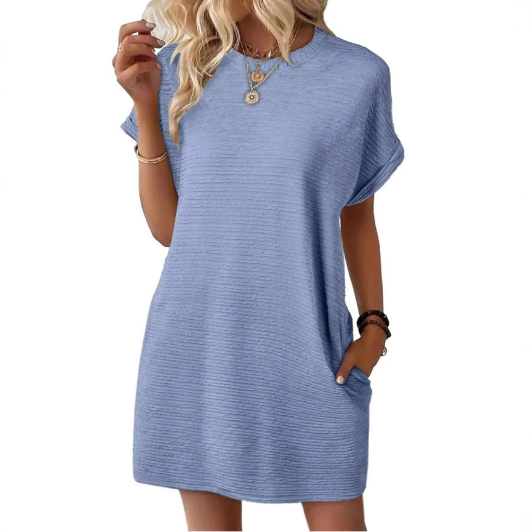 Elviaa - Short Sleeve Textured Pocket Mini Dress