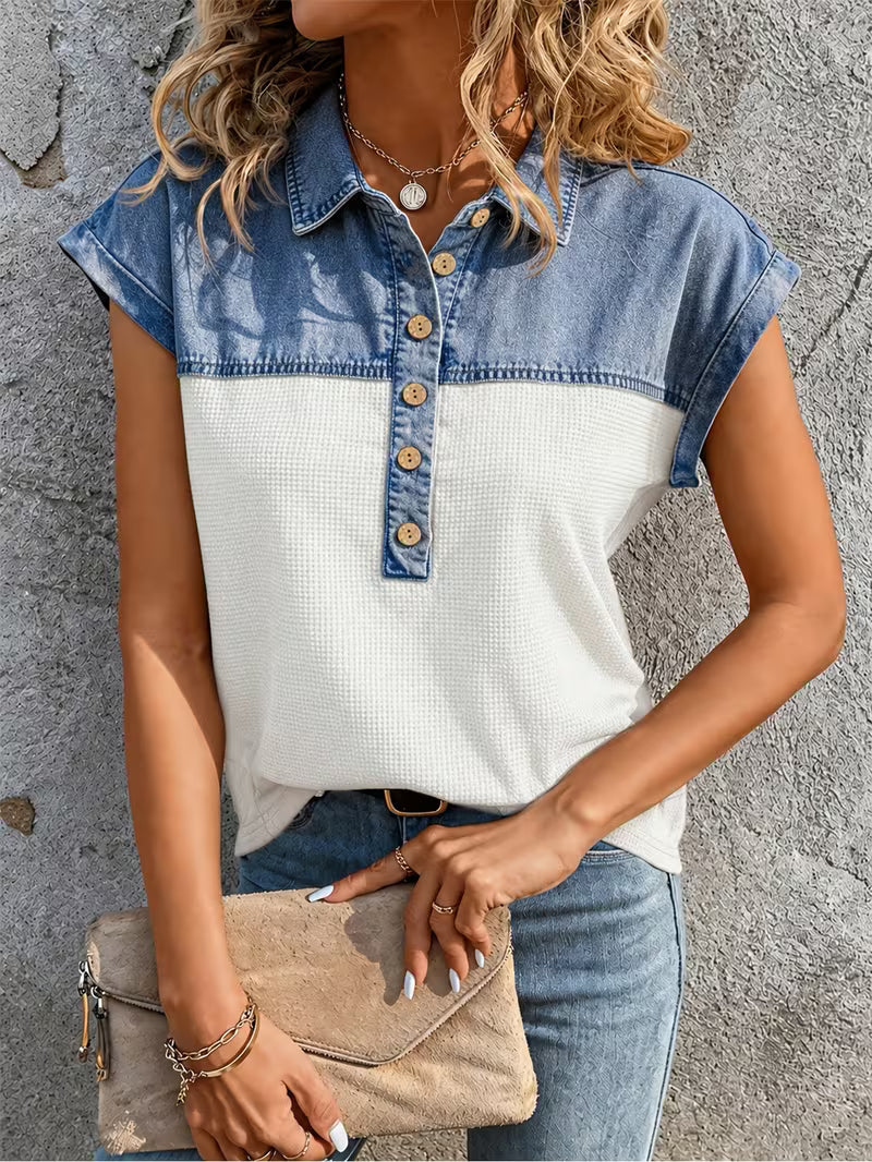 Haily | Cap Sleeve Button Front Collared Top