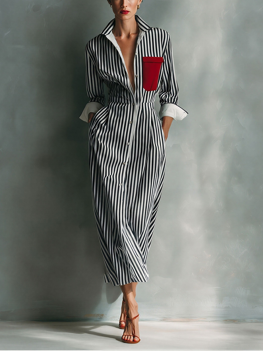 Makeda | Striped Long Sleeve Shirt Midi Dress