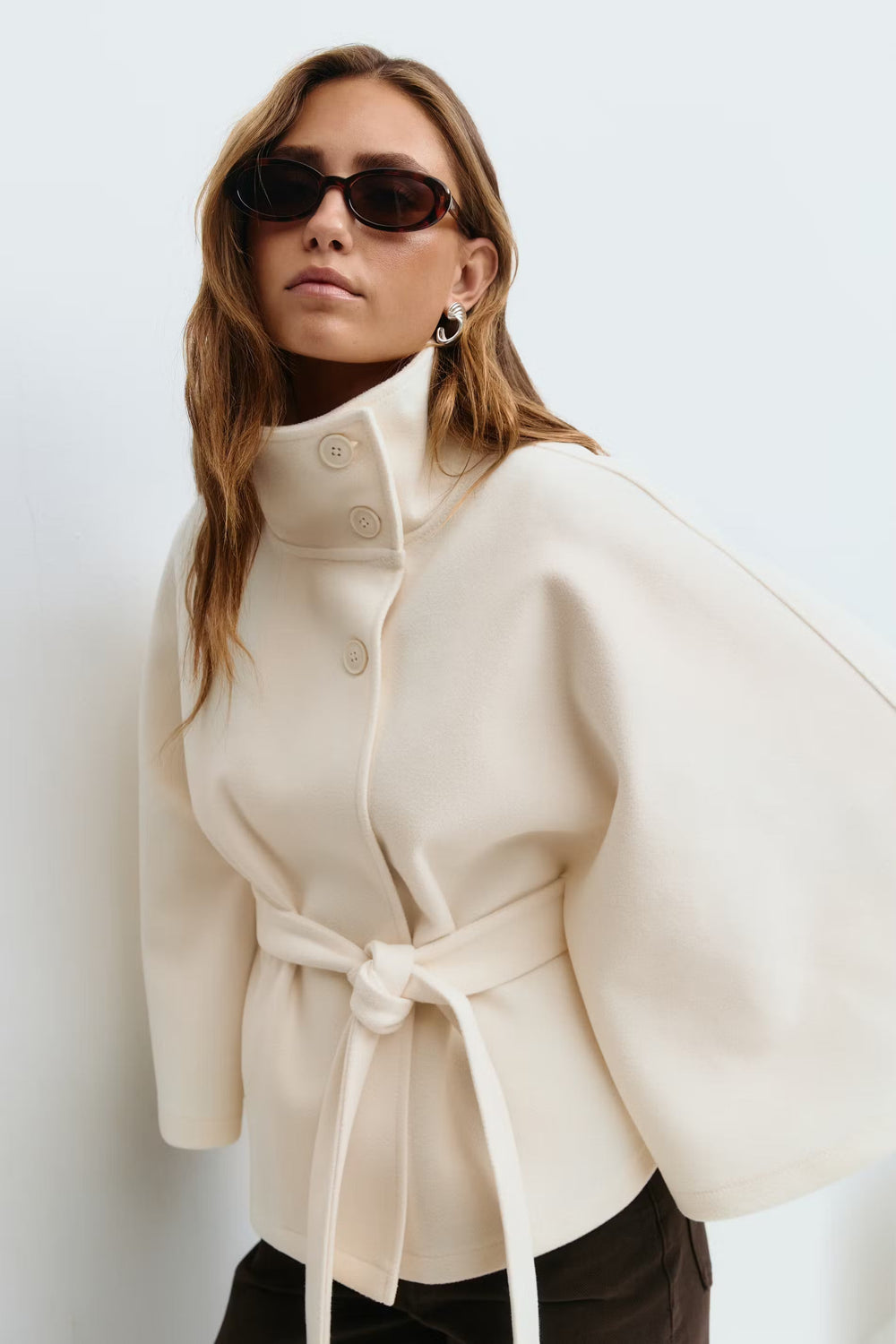 Ankica | Belted Cape Coat High Collar Button Front