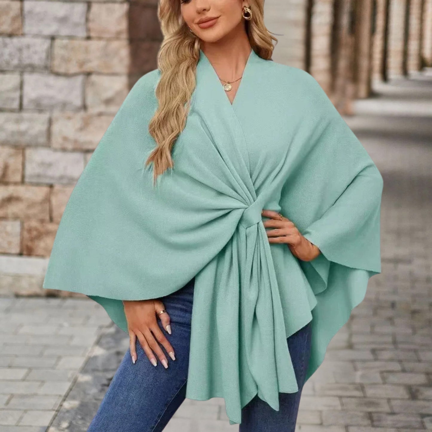 Helin | Knotted Front Wrap Knit Poncho