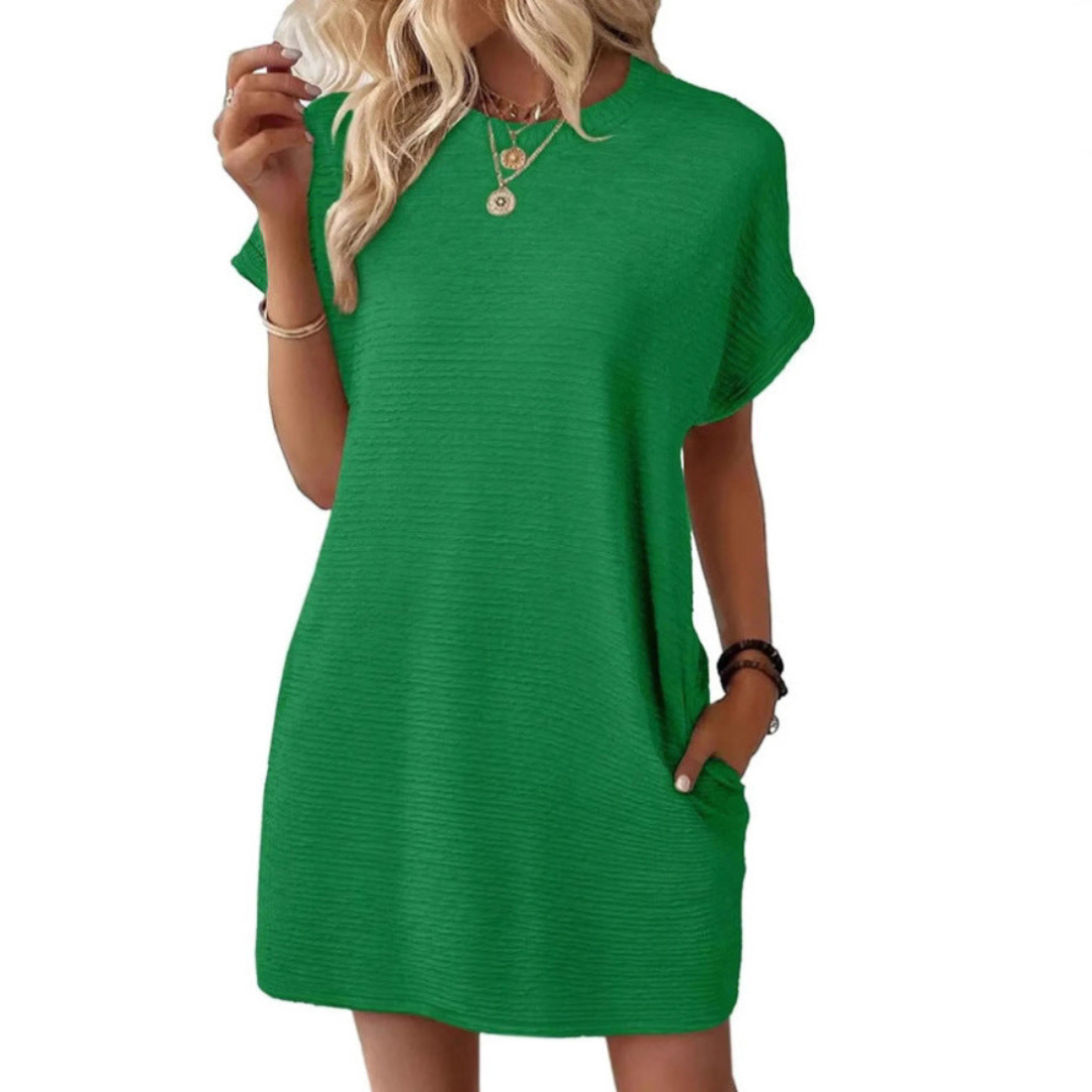 Elviaa - Short Sleeve Textured Pocket Mini Dress
