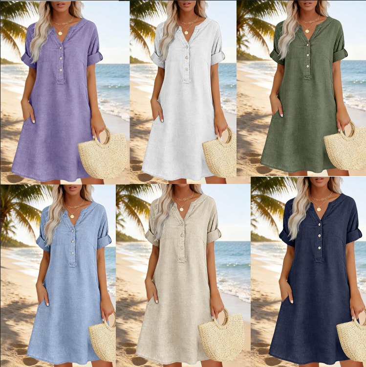 Jolande | Tunic Dress V Neck Short Sleeve Pockets
