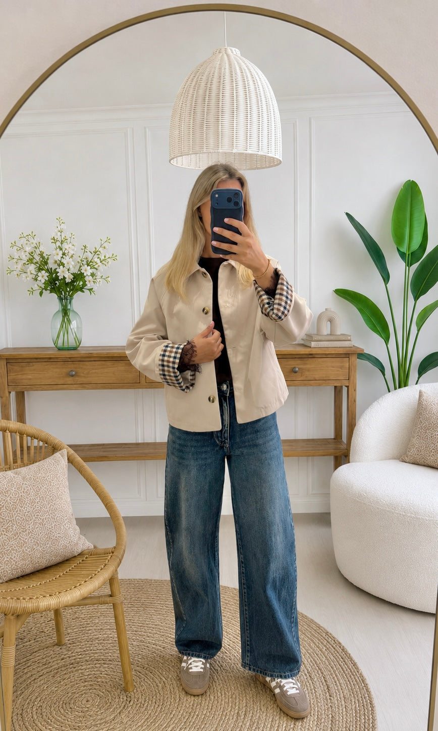 Ayla | Cropped Button Jacket with Checkered Cuffs