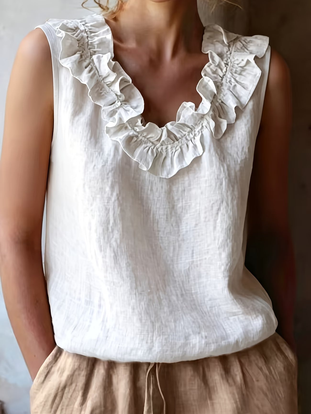 Safiya | Sleeveless Ruffle Neck Relaxed Blouse