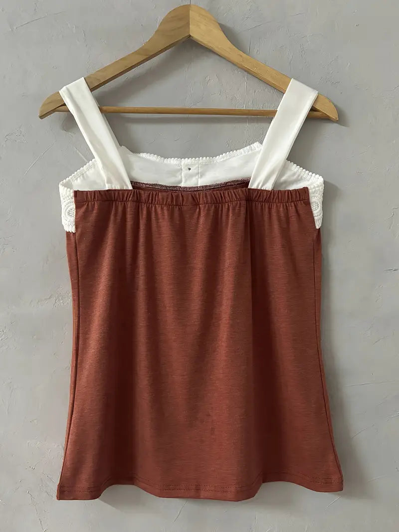Malinda | Sleeveless Button Front Lace Trim Top