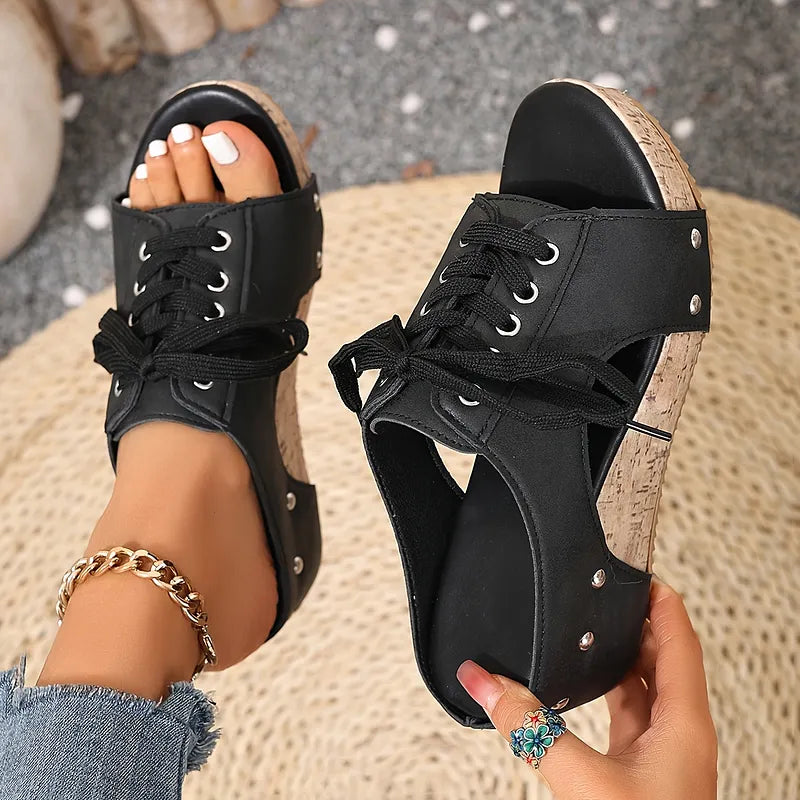 Nadiu | Wedge Sandals Open Toe Lace Up