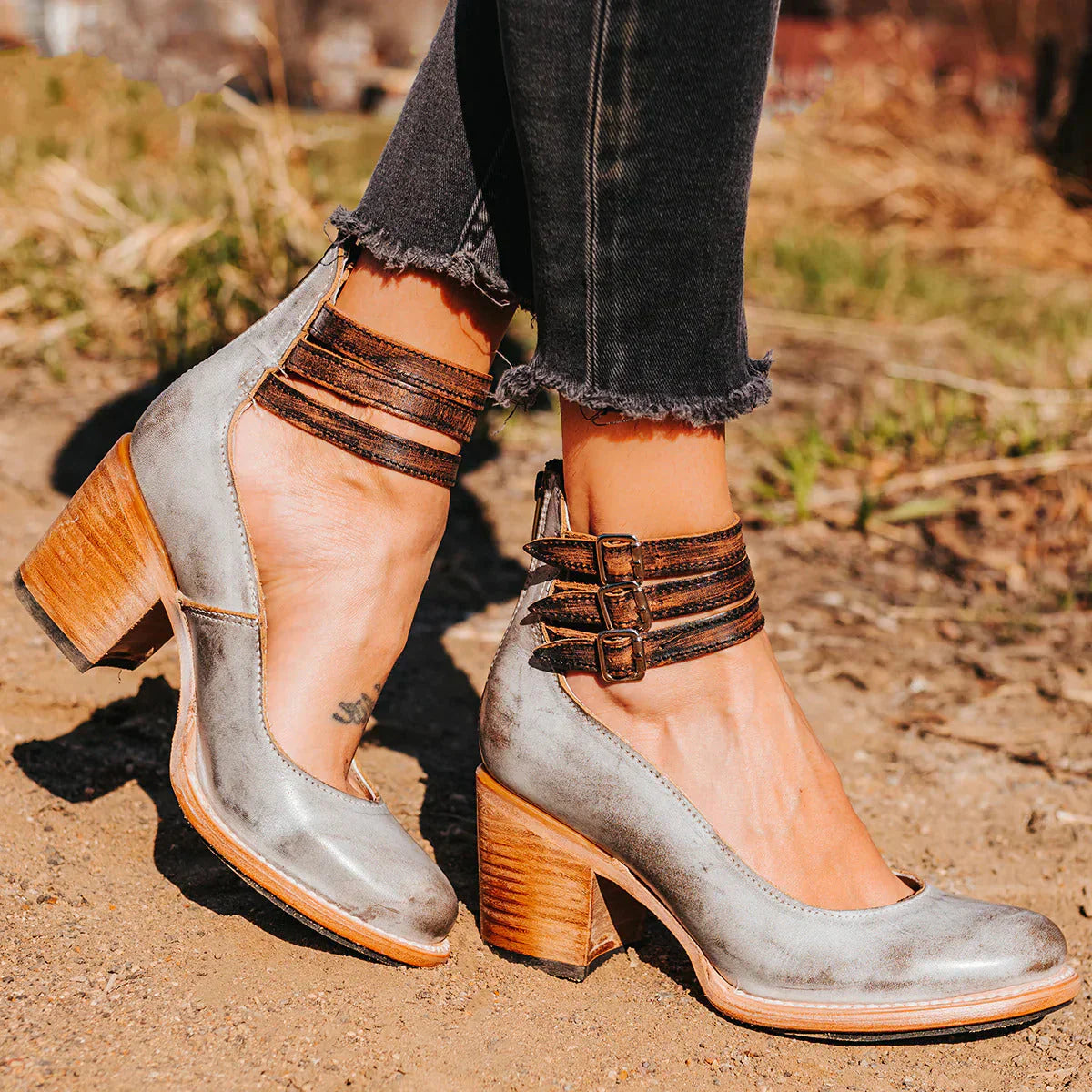 Steffie – Wooden Block Heel Strap Shoes