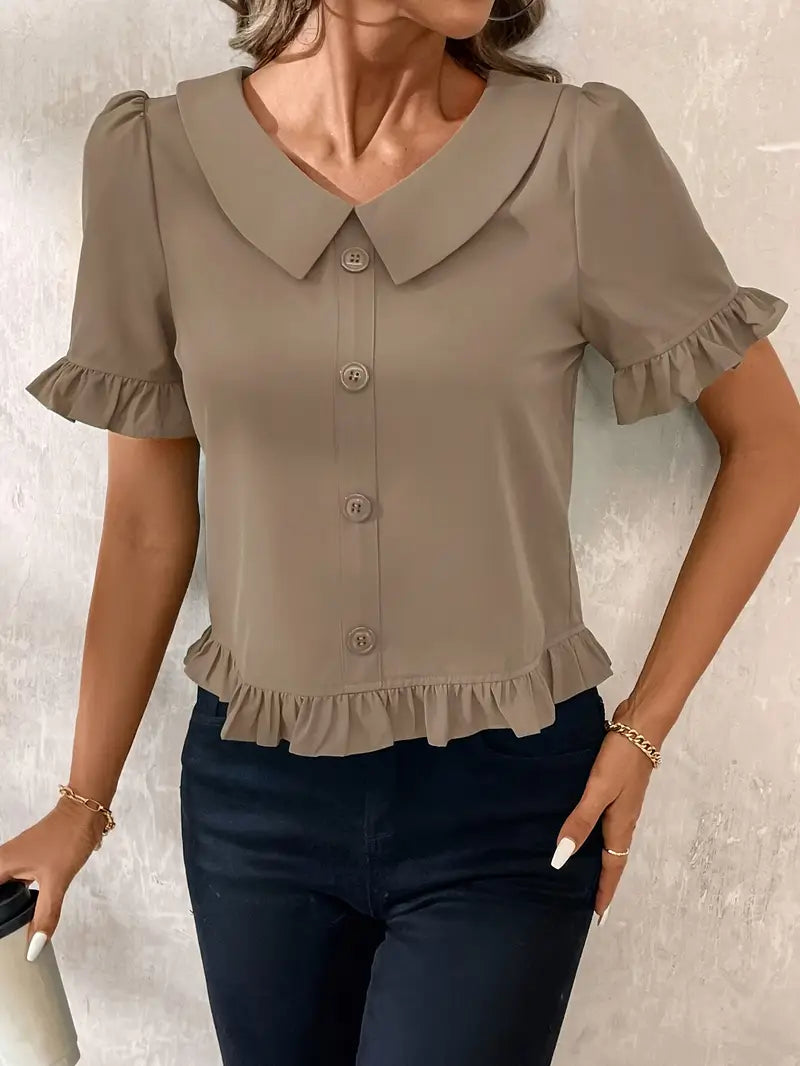 Foteini - Short Sleeve Ruffle Hem Button Blouse